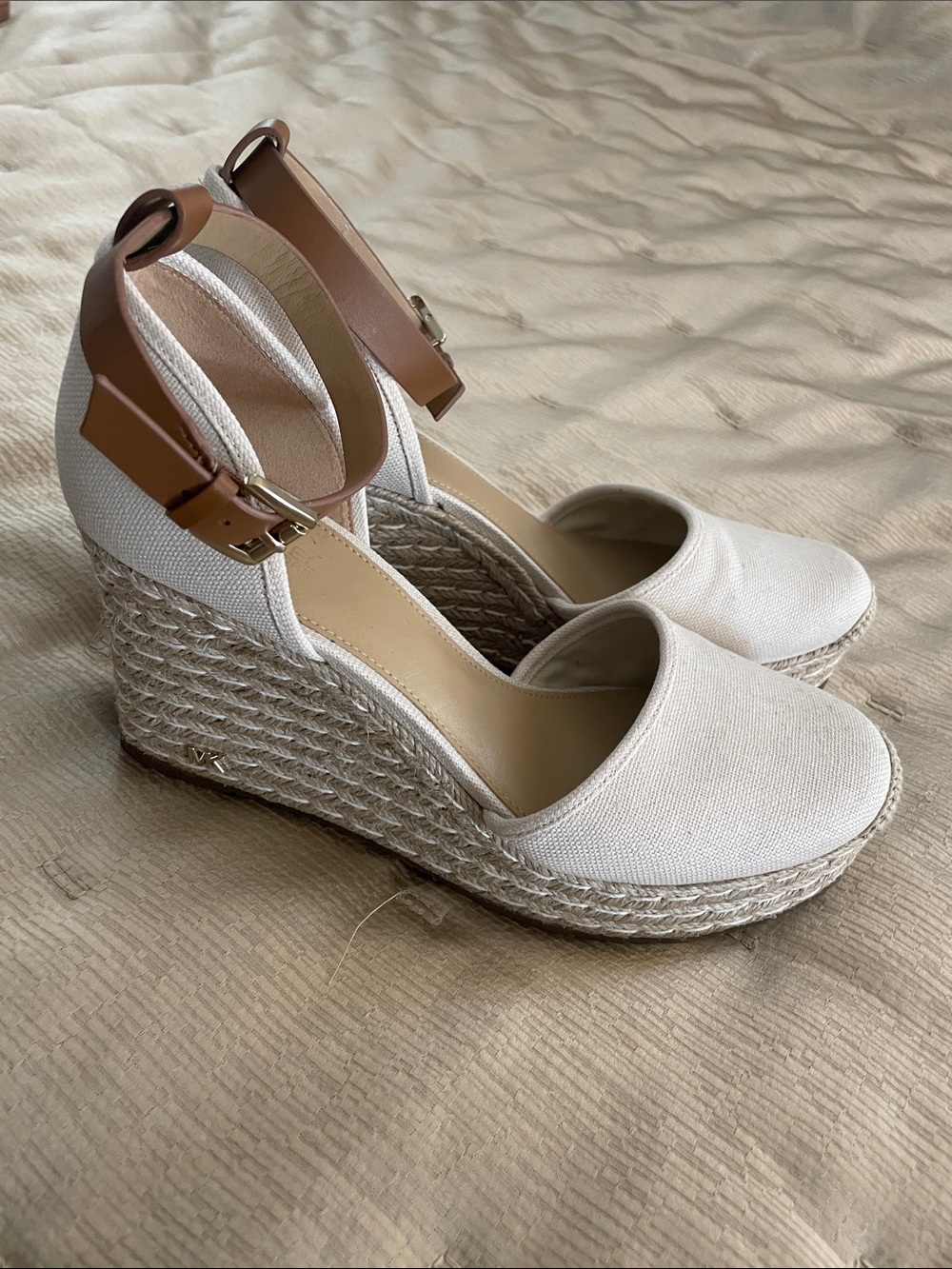 Michael Kors White Canvas Espadrille Wedge Sandals with Tan Ankle Strap